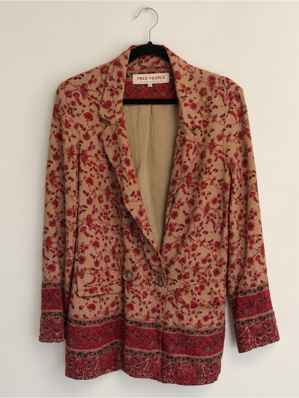 Free People Tan Blazer with Red Floral Border Print